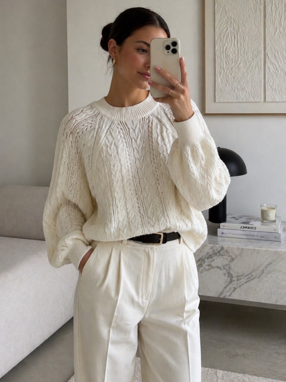 O.P.T x Revolve Cream Cable Knit Balloon Sleeve Sweater M NWT